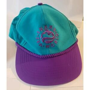 Vintage 90s Sea World Hat Shamu Whale Logo Theme Park Rope Teal Purple Hat 1990s